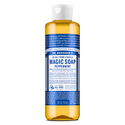 A bottle of Dr. Bronners Pure Castile Peppermint Soap stands upright. The blue label includes comprehensive text detailing ingredients and uses, emphasizing its organic, vegan, eco friendly, and biodegradable qualities [8 oz]