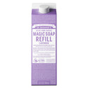 A purple carton labeled Dr. Bronners Magic Soap Refill Lavender with text detailing organic certification, ingredients, and usage. This eco friendly, vegan product is ideal for sustainable living and organic skincare [32 oz]