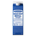 A blue carton labeled Dr. Bronners Magic Soap Refill Peppermint stands upright, featuring text on sustainable, fair trade ingredients. The background is plain white, emphasizing eco friendly soap packaging [32 oz]