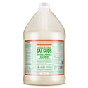 A large, clear bottle labeled Dr. Bronners Sal Suds Biodegradable Cleaner stands on a white background, promoting eco friendly cleaning with bold green and red text. Text includes usage instructions and ingredients [1 Gallon]