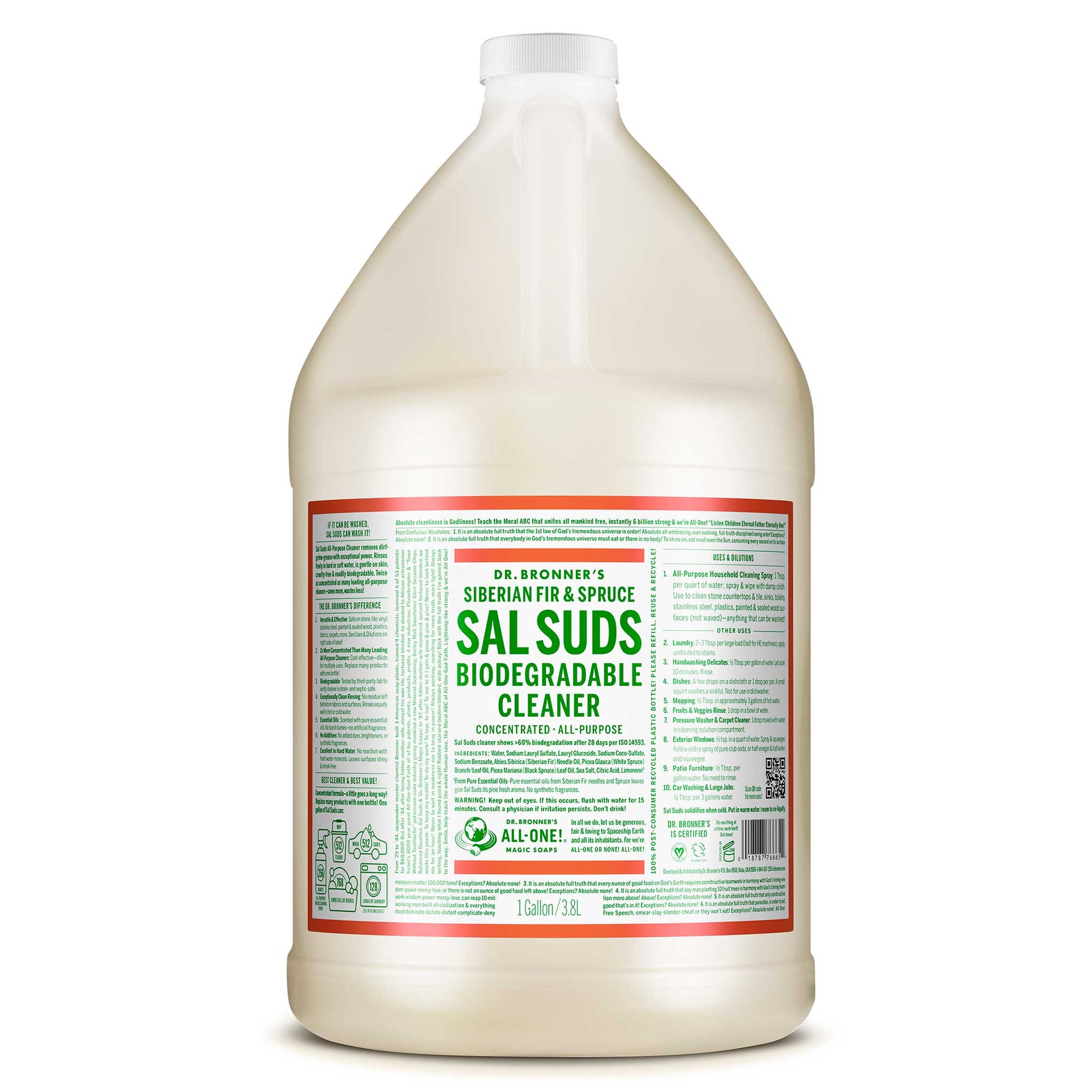 A large, clear bottle labeled Dr. Bronners Sal Suds Biodegradable Cleaner stands on a white background, promoting eco friendly cleaning with bold green and red text. Text includes usage instructions and ingredients [1 Gallon]