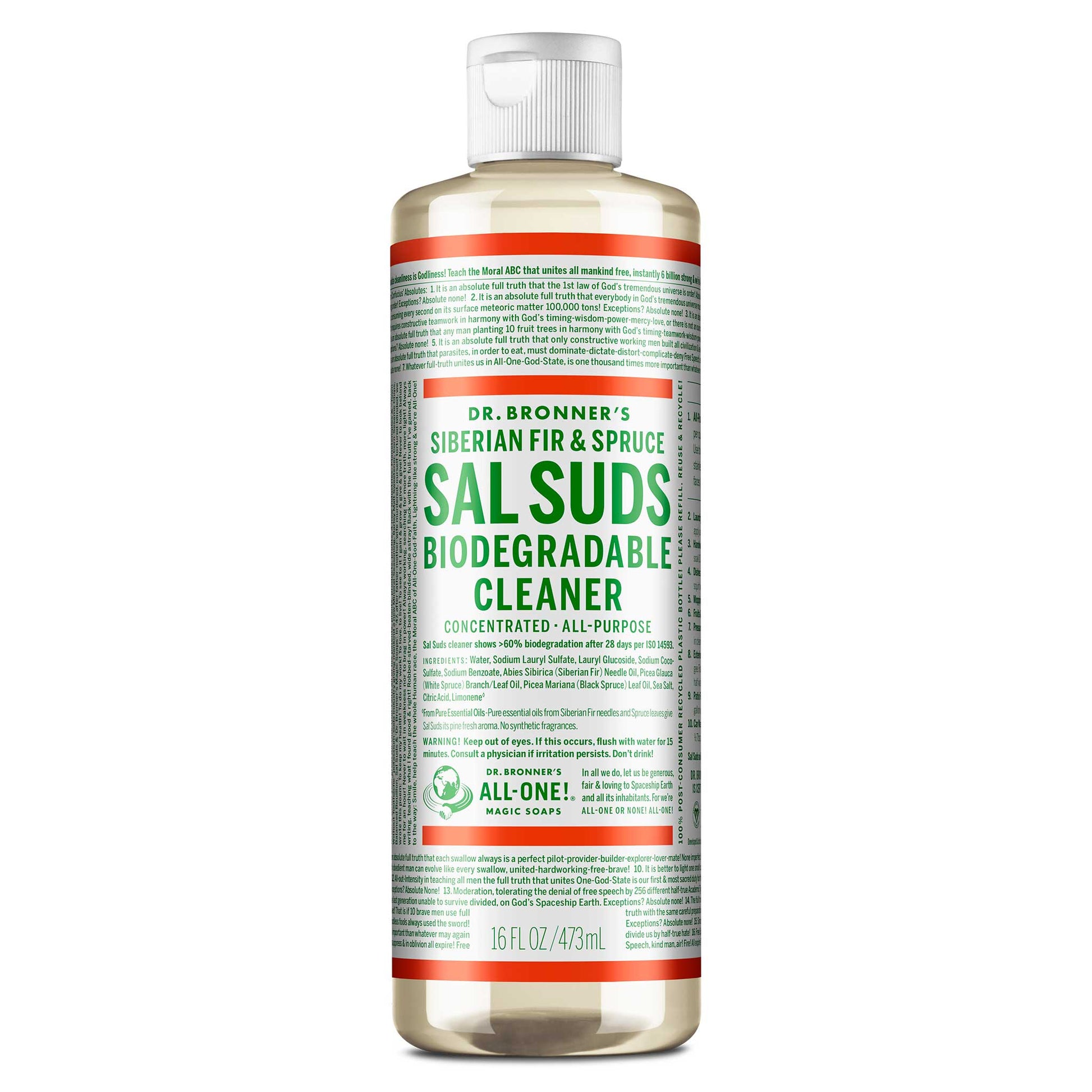 A 16 fl oz bottle of Dr. Bronners Sal Suds Biodegradable Cleaner stands upright. The label highlights Siberian Fir Spruce, concentrated all purpose use, and eco friendly credentials, offering versatile cleaning solutions [16 oz]