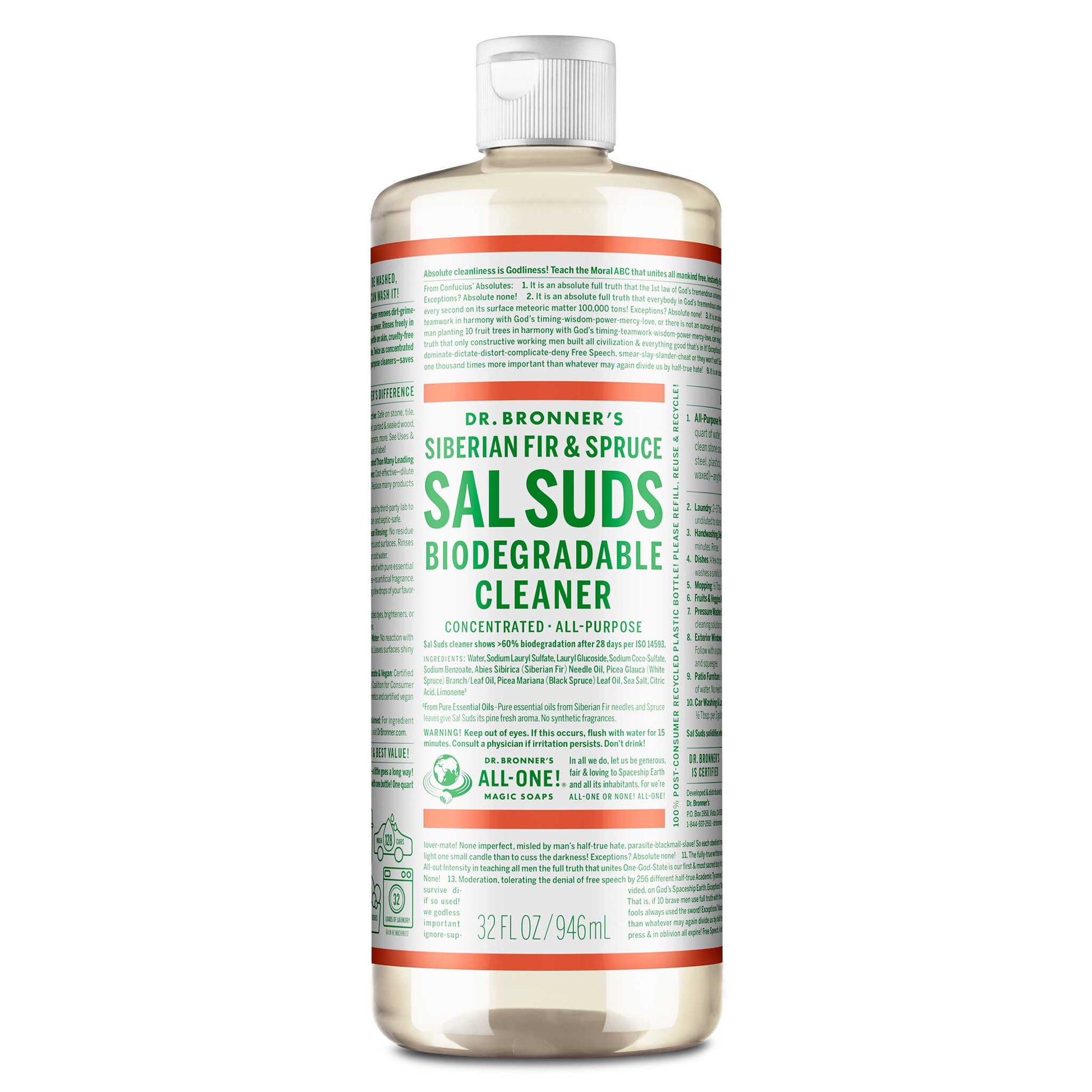 A 32 fl oz bottle of Dr. Bronners Sal Suds Biodegradable Cleaner. The label highlights Siberian Fir Spruce and notes it as a concentrated, all purpose cleaner that is eco friendly and biodegradable [32 oz]